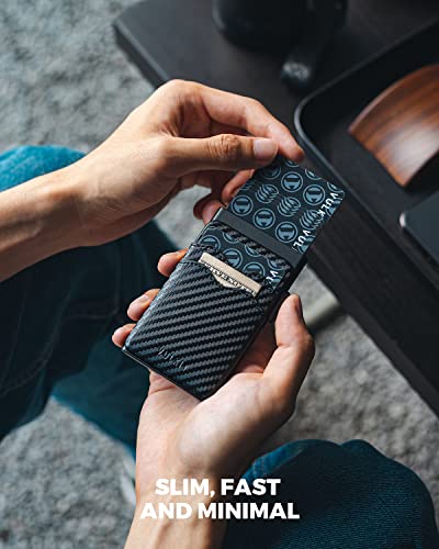 Image of VULKIT Credit Card Holder Minimalist Slim Pop Up Wallet with Leather Slots RFID Blocking for Men and Women Holds 7 Cards and Notes Carbon Fiber