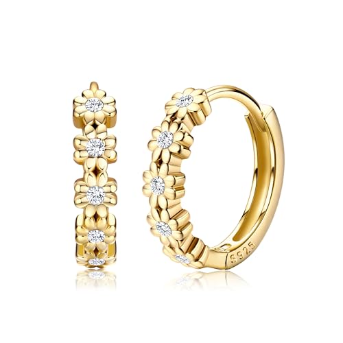 MILACOLATO 925 Sterling Silver Small Hoop Earrings for Women 14K Gold Plated Daisy Huggie Hoop Earrings Pave Rainbow Cubic Zirconia Cute Flower Hoop Earrings Hypoallergenic Earrings