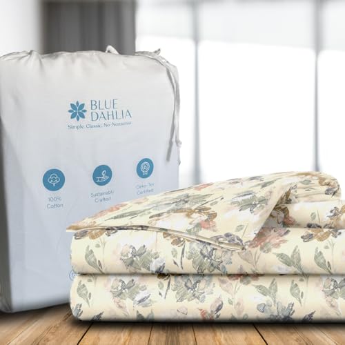Image of Blue Dahlia 100% Cotton, King Size /Double, Elastic Fitted Bedsheet (72 inchx78 inch) + 2 Pillow Covers, Silky Smooth Feel, Fits Upto 10 inch Mattress, 300TC Printed Premium Bedsheet, Rustic Flowers Beige