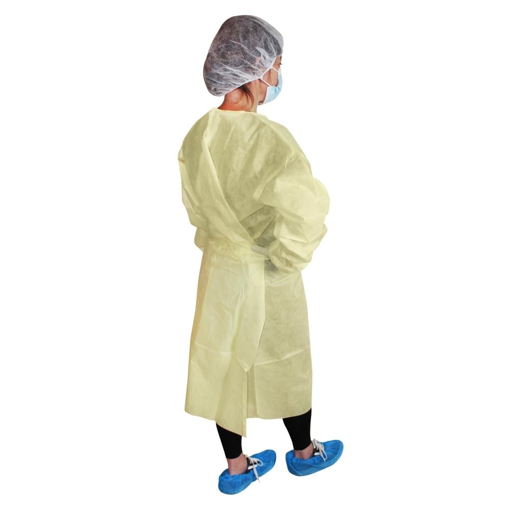 Medi-Inn ISO-PLUS - Bata de protección (con puños de punto y cierre de velcro, talla XL, 135 x 152 cm, material SMS, 10 x 10 = 100 unidades), color amarillo