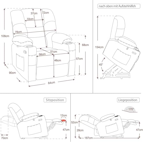 M MCombo Fernsehsessel mit Aufstehhilfe Elektrisch, 3 Motoren, Rückenlehne & Beinstütze Getrennt Verstellbar, Relaxsessel mit Liegefunktion bis 170° Verstellbare Kopfstütze 7550 (Chenille, Beige) – Bild 4