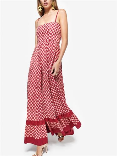 Image of Yuemengxuan Boho Maxi Dresses for Women Spaghetti Strap Flowy Smocked Long Dress Casual Summer Vacation Beach Maxi Dress