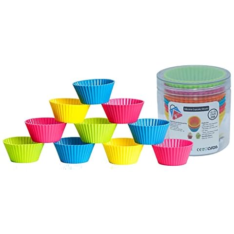HOVUK® Silicone Muffin Cases in Storage Jar , Cupcake Mould Baking Reusable Cupcake Molds Non-Stick Jelly Cake Mould for Cakes Ice Creams Puddings Jelly (12 x Round) Cover
