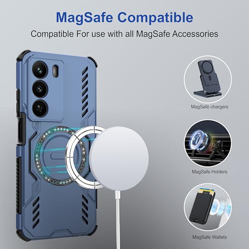 Image of amazon basics Back Case Cover for Realme P3 Lite 5G | Magnetic Case with Built-in Metal Ring | Supports MagSafe Charger, Wallet & Car Mount | Shockproof Hybrid PC + TPU | Blue