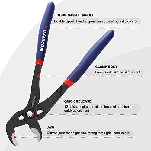 WORKPRO Pinze Regolabili per Tubi e Dadi 305mm, Pinza a Pappagallo a Regolazione Rapida, con Comoda Impugnatura