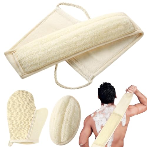 Natural Loofah Sponge Exfoliating Body Scrubber, Loofa Back Scrubber for Shower Set for Men and Women (3 Pack), Luffa Sponge Pads & Exfoliating Glove Deep Clean & Invigorate Your Skin, Yellow