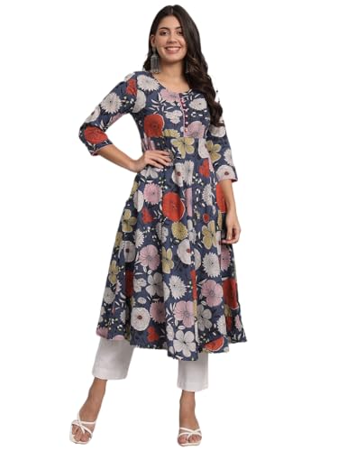 Image of Rapsodia Womens Cotton Green & Brown Floral Printed Flared Kurta