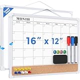 MaxGear Monthly Calendar Whiteboard Dry Erase Cork Board for Wall, 16"x12" Double-Sided Dry Erase White Board Calendar with Bulletin Board, Hanging Dry Erase Board for Office, Home, School