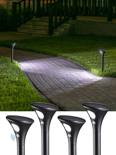 LEONLITE LED Solar Powered Motion Sensor Pathway Lights, Battery Powered Outdoor Solar Landscape Lights, Walkway Light for Yard Garden Lawn, All Night Long Lighting 6500K Pure White, Pack of 4