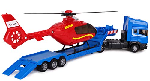 Toyland® Scania Pritschenschlepper mit Hubschrauber - Maßstab 1:48 - Freilauf - Transportspielzeugspielzeug - Fahrzeugsammelobjekte - Jungenspielzeug (Blauer LKW/roter Hubschrauber)