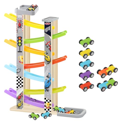Wooden Car Ramp Toy Set, Montessori Ramp Set Includes 7 Mini Cars and Track — Educational Gift for Boys and Girls 3+ Years Old