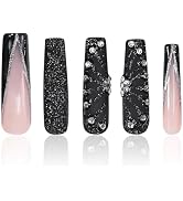 LOVFUL Press on Nails Dancing Spirit Black| Handmade with Full Covered Crystals| Reusable Fake Na...