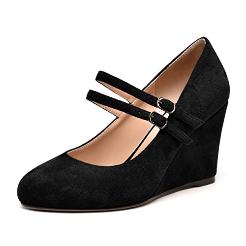 NUMALEO Womens Round Toe Suede Solid Buckle Ankle Strap Dress Business Wedge High Heel Pumps Shoes 3.3 Inch