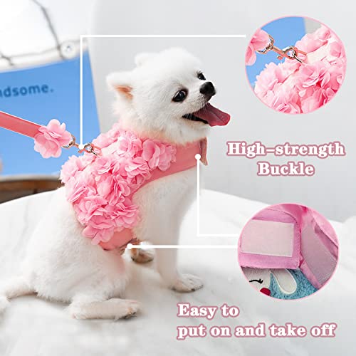 TENGZHI Puppy Dog Harness and Leash Set Pink Lace Floral Dog Vest Harness for Small Dogs Cute Soft Mesh Escape Proof Pet… - Image 2