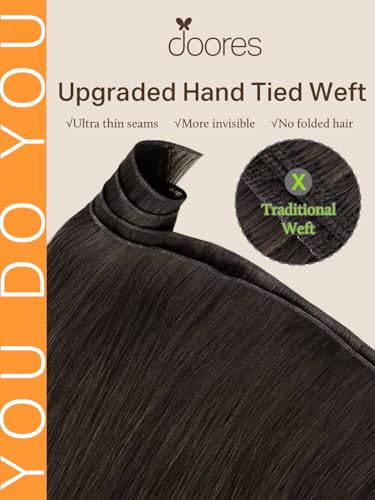 Image of DOORES Hand Tied Weft Hair Extensions Human Hair Remy Hair, 22 Inch Light Dark Brown 60g, Hair Extensions Real Human Hair