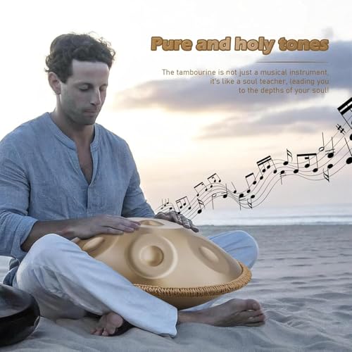 Image of PERLMAN Handpan 22-Inch, 10-Note Steel Hand Drum Set, 440 Hz - Premium Alloy Steel Handpan with Carry Case, Drum Stand, Mallets, Spiral Wraps, and Instruction Guide (Gold)