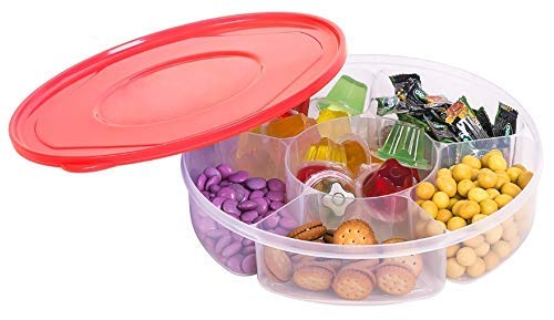 Zilpoo 2 Pack - Candy and Nut Serving Container, Appetizer Tray with Lid, 6 Compartment Round Plastic Food Storage Lunch Organizer, Divided Christmas Keto Snack Plate, Dish Platter w/ Cover, 10-Inch