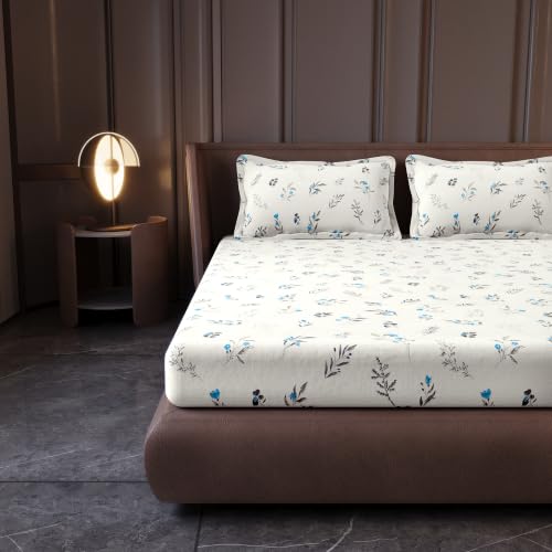 Image of Divine Casa Cotton King Size Bedsheet | 210 TC Soft Breathable Pigment Twill Satin Bed Sheet with 2 Pillow Covers | Luxury Bedding Set | 275 x 275 cm (Cream Blue, Floral)