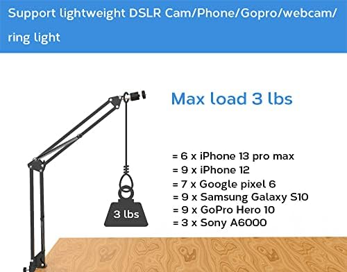 Overhead Tripod Mount For Camera Webcam Ring Light, Flexible Over Head Arm with Phone Holder, Table Stand Accessory for YouTube Video Recording Live Stream
