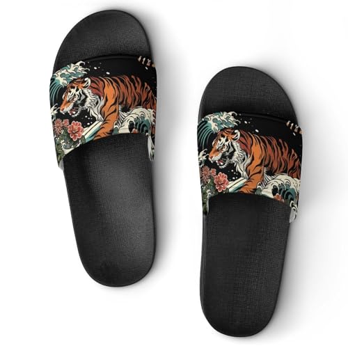 Tiger Waves Flowers Non Slip Slides Sandals for Women Men Quick Drying Shower Shoes for Bathroom Pool Beach