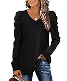 XIEERDUO Pullover Damen Sweatshirt Herbst Elegant Puffärmel Shirt V Ausschnitt Schwarz Strickpullover Langarm Bluse Langarmshirt L