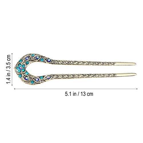 KALLORY Vintage U Shaped Hair Pin Crystal Chignon Pin Mental Hair Pin Fork Sticks for Women Girls, Blue - Image 4