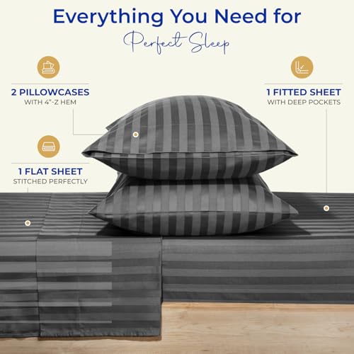Image of THREAD SPREAD Full Size Bed Sheets, Luxury 1000 Series Paradise Collection 100% Egyptian Cotton Damask Striped Sheets Full Size Set (4 PC, Dark Grey Stripe), Soft 16 inch Deep Pocket Hotel Sheet Set