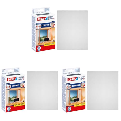 tesa Insect Stop Comfort Fliegengitter für Fenster - Insektenschutz mit Klettband selbstklebend - Fliegen Netz ohne Bohren, anthrazit (durchsichtig) 170 cm x 180 cm (Packung mit 3)