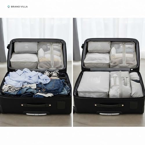 Image of BRAND VILLA 7 Pcs Travel Organizer Set Packing Cubes Luggage Organizer Bags with Shoe Bag, Laundry Pouch & Toiletry Bag for Clothes, Shoes, Accessories, Lightweight Travel Storage for Suitcase (Grey)