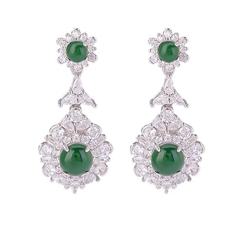 Boucles d'oreilles pendantes en zircon argent 925 et véritable pierre de jade vert