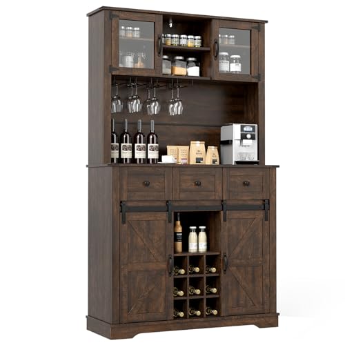 COSTWAY 184cm Tall Kitchen Cupboard, Buffet Storage Cabinet with Wine Rack, Stemware Holder, 2 Tempered Glass Doors, 2 Sliding Barn Doors & 3 Drawers, Wooden Sideboard Organizer for Pantry Dining Room