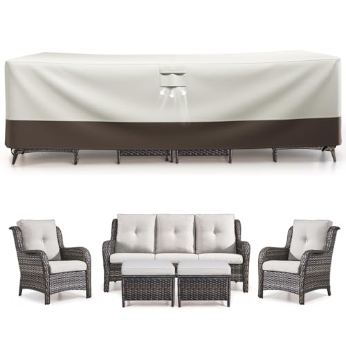 Outdoor Furniture Covers for 5 Pieces Set - Waterproof 600D Oxford Fabric Cover for 5 PCS Patio Sets Wicker Metal Couch Rocking Glider Swivel Chairs Ottoman Sectional Sofa Dining Chair – L/Cream Beige -  Pugire