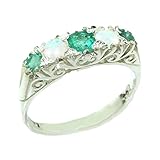 Luxury Solid Sterling Silver Natural Emerald & Opal Victorian Style Eternity Ring - Size S