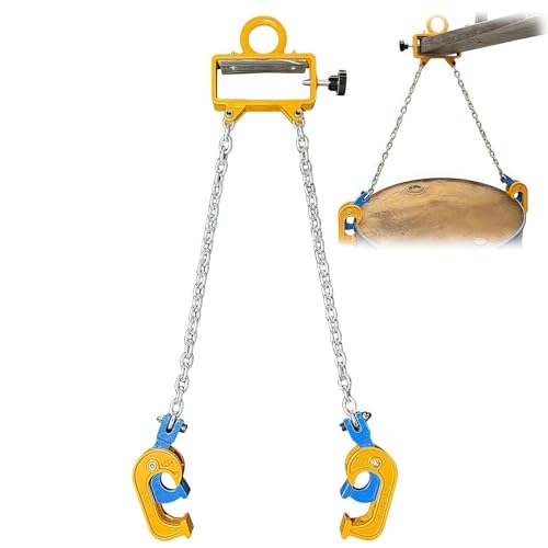 Abrazadera de barril resistente con cadenas de elevación para manejo de materiales, construcción duradera, ideal para uso en talleres