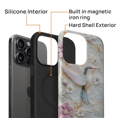 Case for iPhone 15 Pro Max [Compatible with MagSafe], Matte Soft Silicone + Hard PC Anti-Scratch Shockproof Protective 2-in-1 Case for Women Men - Hummingbird Floral by Generic - Used condition - Image 3
