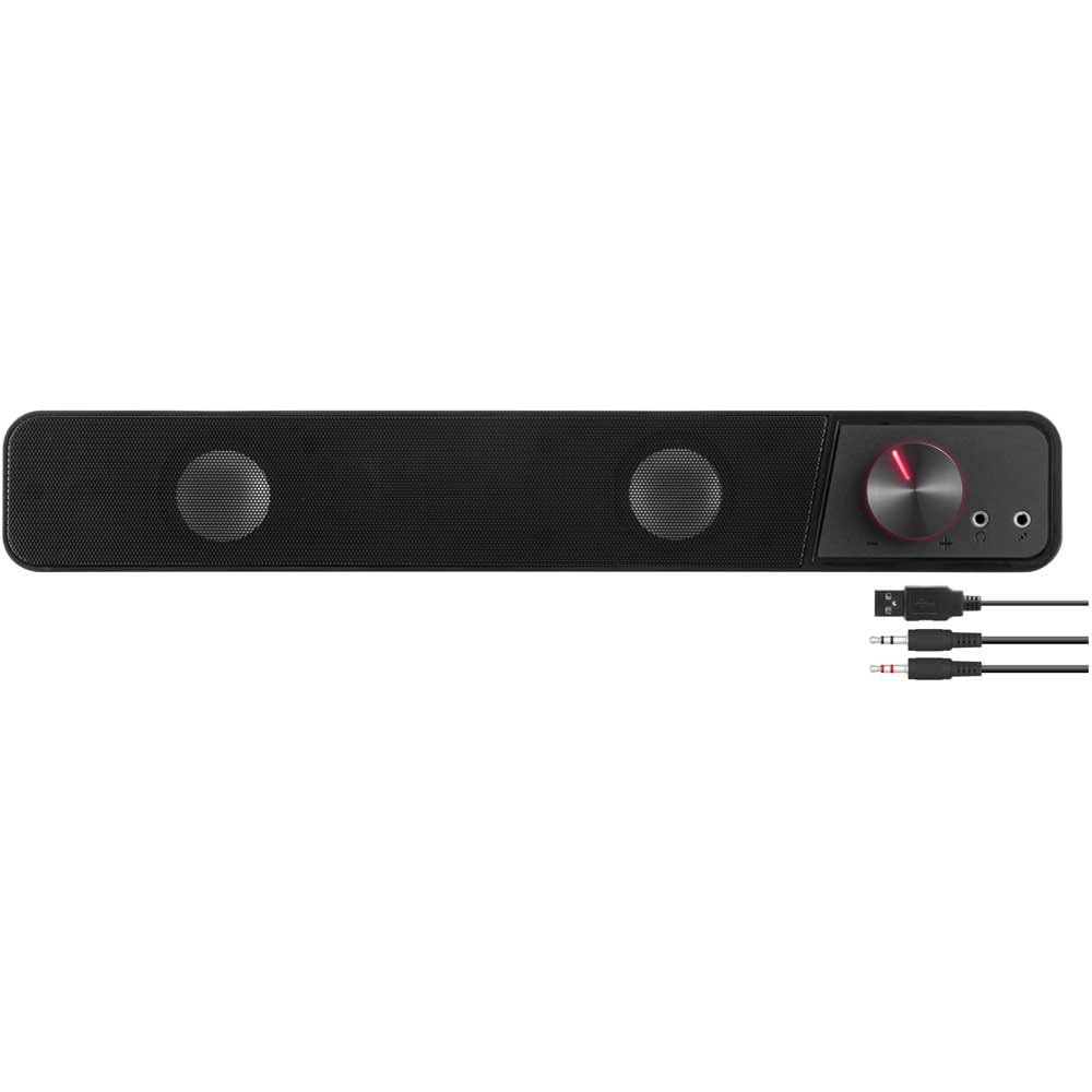 Speedlink BRIO Stereo Soundbar – for computer, excellent audio quality, 12 watt, compact design, 2x 3.5mm jack plug connection + USB-A plug, volume control, headphone and microphone socket, black