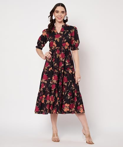 Image of PIDAVLIYA'S Women's Cotton Floral Printed Midi Dress | V-Neck Fit & Flare Dress with Puff Sleeves | Casual Summer Wear