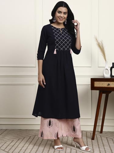 Image of idaLia Cotton Straight Kurta Set for Women with Palazzo 3 /4 Sleeve, Round Neck Designer Kurta with Palazzo Pant Set