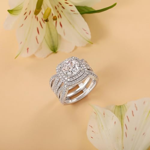 Image of Jeulia 3.7CT Double Halo Insert Wedding Ring Set for Women Sterling Silver Round Cut Bridal Ring Set with Eternity Band Romantic Anniversary Promise Gift with Jewelry Box