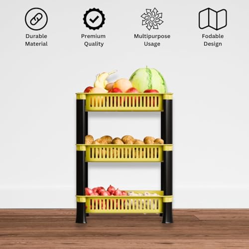 Image of Multipurpose Plastic Storage Rack for Kitchen | Foldable Vegetable & Fruit Organizer Stand for Onion, Potato, Sabji | Countertop Multi-Layer Basket Rack for Home, (Yellow, 3 layer)