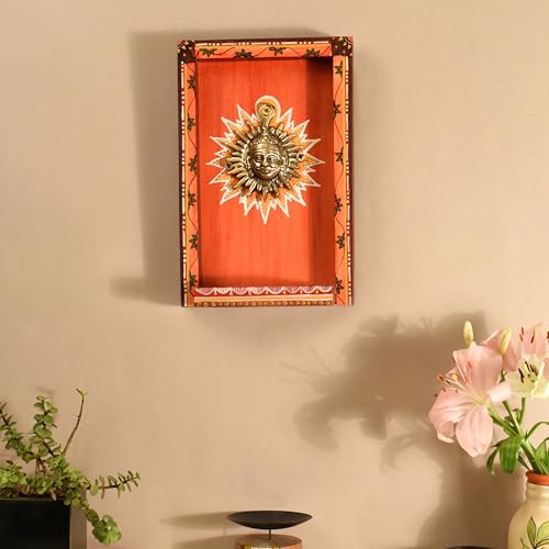 Image of AAKRITI ART CREATIONS Divya-IV Wall Decor Orange Frame with Brass Sculpture of Surya Dev | Dhokra Art, Matte Finish | Wooden & Dhokra Wall Art Painting for Home