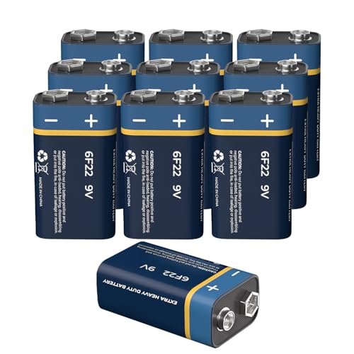 Pilas de 9V, 10 Unidades, Pila Carbono 9 Voltios Potencia Larga Duración Baja Autodescarga Pila 6F22 Multiusos para Detectores de Humo, Alarmas contra Incendios, Afeitadoras y Timbres