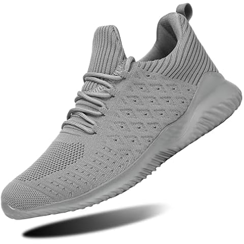 Men's Running Shoes Fashion Sneakers - Lightweight Breathable Flying Knitting Lace Up Mesh Walking Shoes Gym Workout Casual Sports Shoes Grey Cover