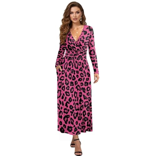 ZIATUBLES Womens Fall Maxi Dress Pink Leopard Print V-Neck Long