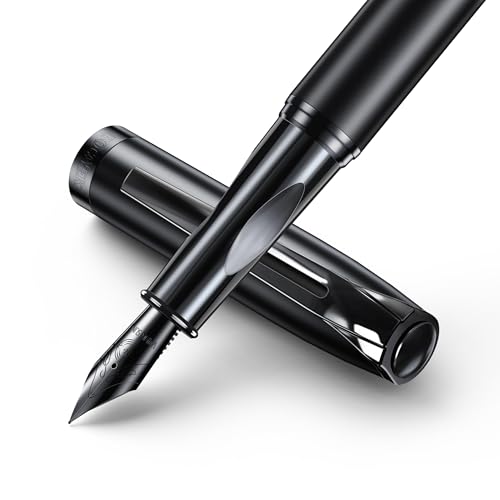 GSKQCRPR Black Business Fountain Pen, Premium Titanium 0.4mm Nib Free Ink Cartridge, Elegant Writing Instrument for Professionals, Gifts for Men & Women