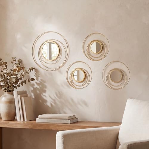 4 Piece Gold Round Wall Mirror Set Modern Metal Circles for Home Decor