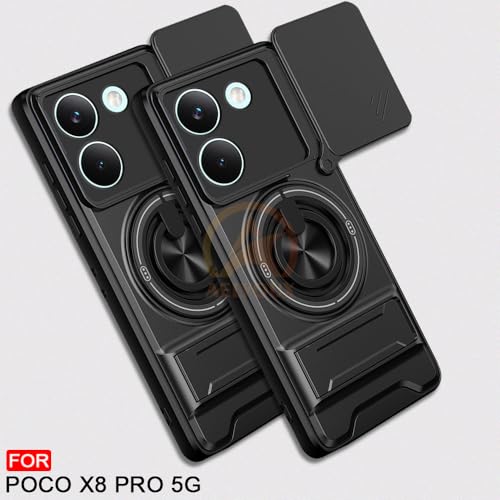Image of Poco X8 Pro 5G Back Cover | Armor Camera Slider 360 Degree Rotating Finger Ring Holder Case with Bracket Stand Back Case Cover (Compatible with MagSafe Accessories) (Black)