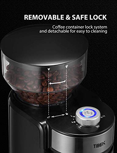 Burr Coffee Grinder, Large Hopper Electric Burr Mill with 18 Grinding Options for 2-14 Cups, Automatic Burr Grinder for Drip, Percolator, French Press, American, Italian Coffee Makers, TIBEK - Thumbnail 3