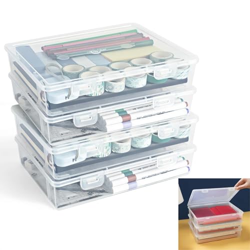 MHwan Cajas Almacenaje Plastico, 4 Piezas Cajas de Plastico con Tapa Apilables, Resistentes y Duraderas, Sin BPA, para Material de Oficina, Manualidades, Piezas, Fotos (23 x 17 x 5 cm)