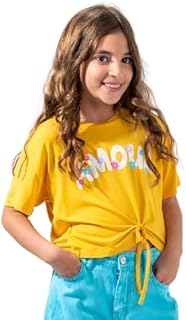 بلوزة قطن بتصميم مطبوع مزين بكلمة «AMOUR» وزهور للبنات من ريموندوس - أصفر مسطردة